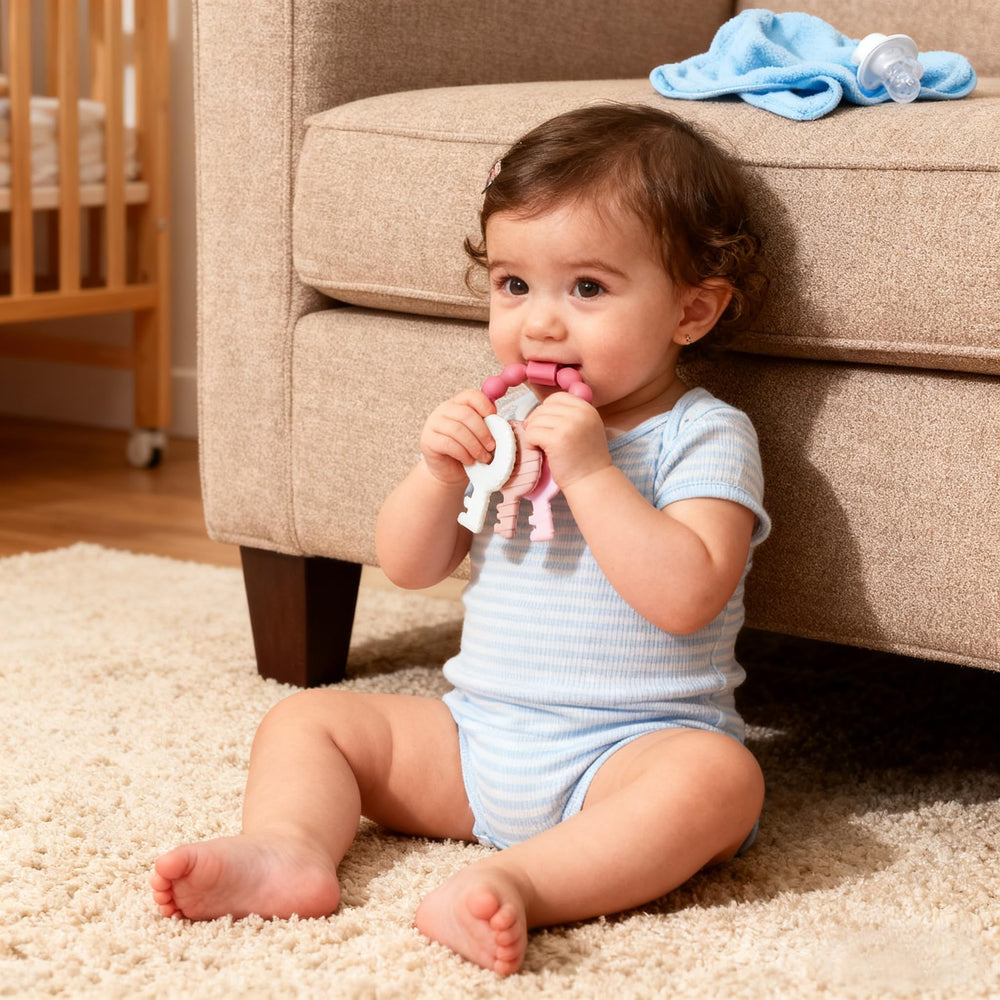 Intatikoo teething keys pink one-piece design minimizes loose parts during playtime