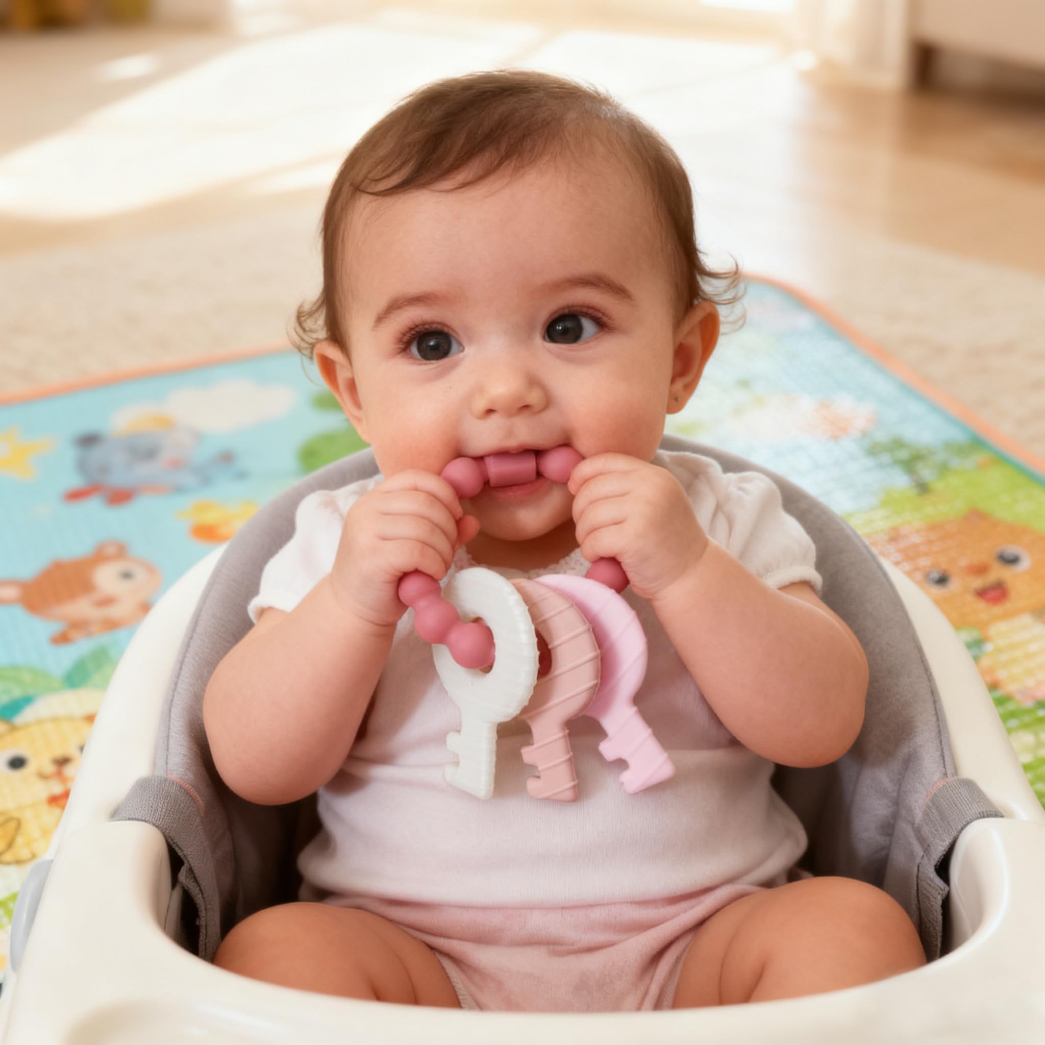 Intatikoo teething keys pink stroller-attachment friendly for on-the-go chewing distraction