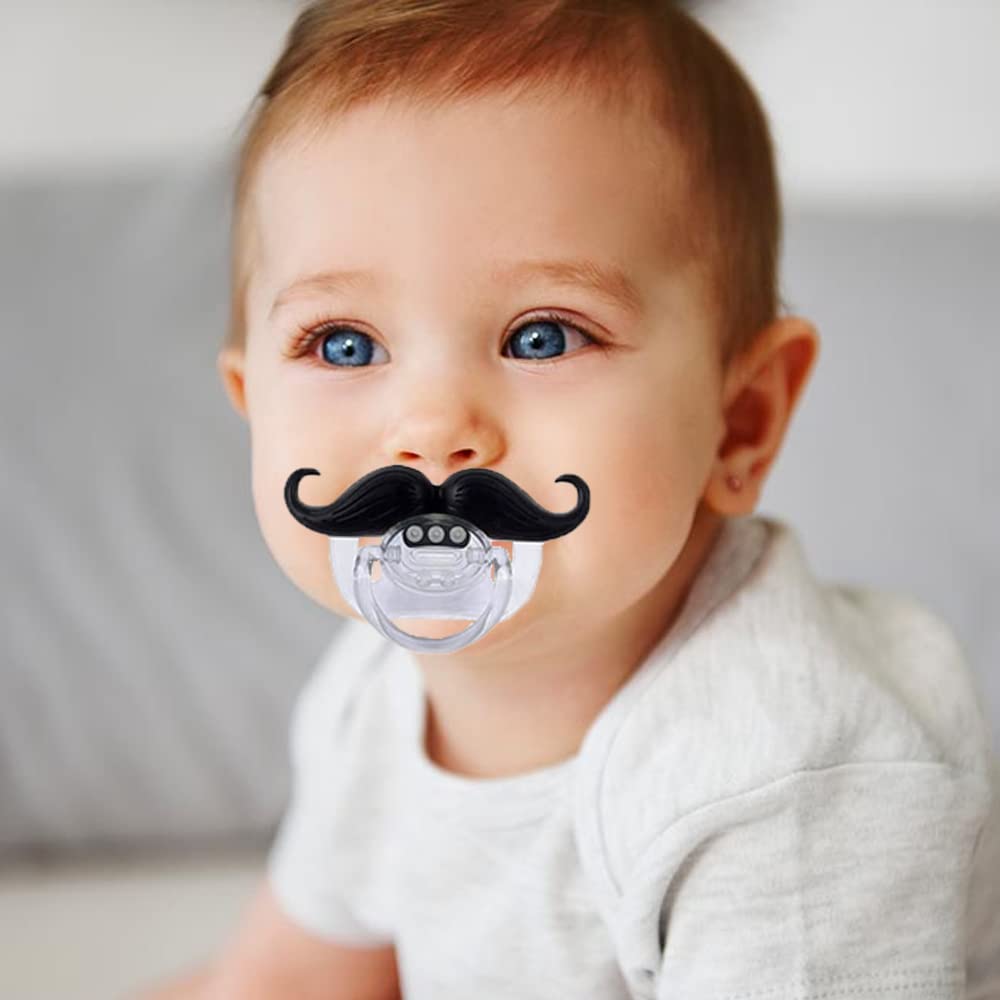 Intatikoo mustache pacifier close-up emphasizing cute design and playful style