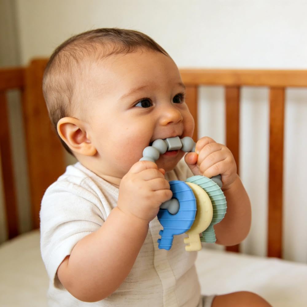 Intatikoo teether keys are soft and safe for gentle gum soothing.