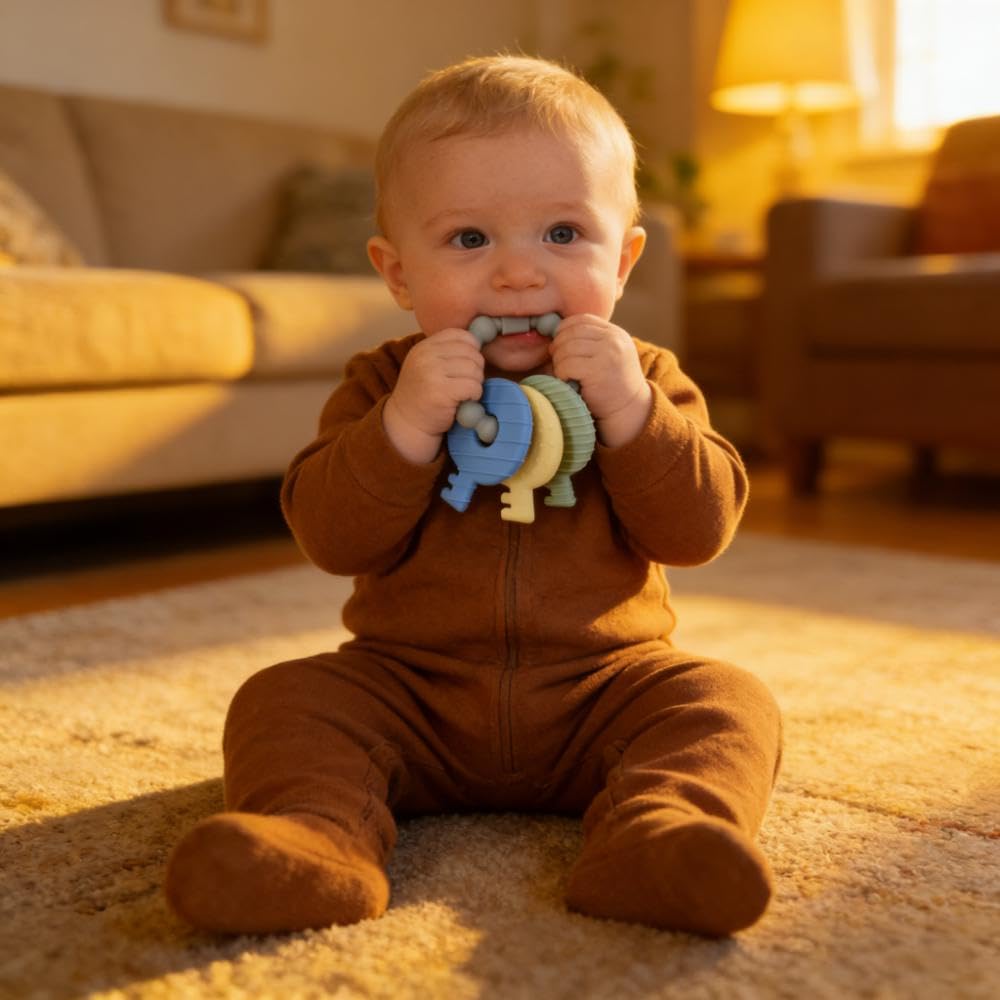 Intatikoo teether on-the-go design fits diaper bags and stroller hooks.