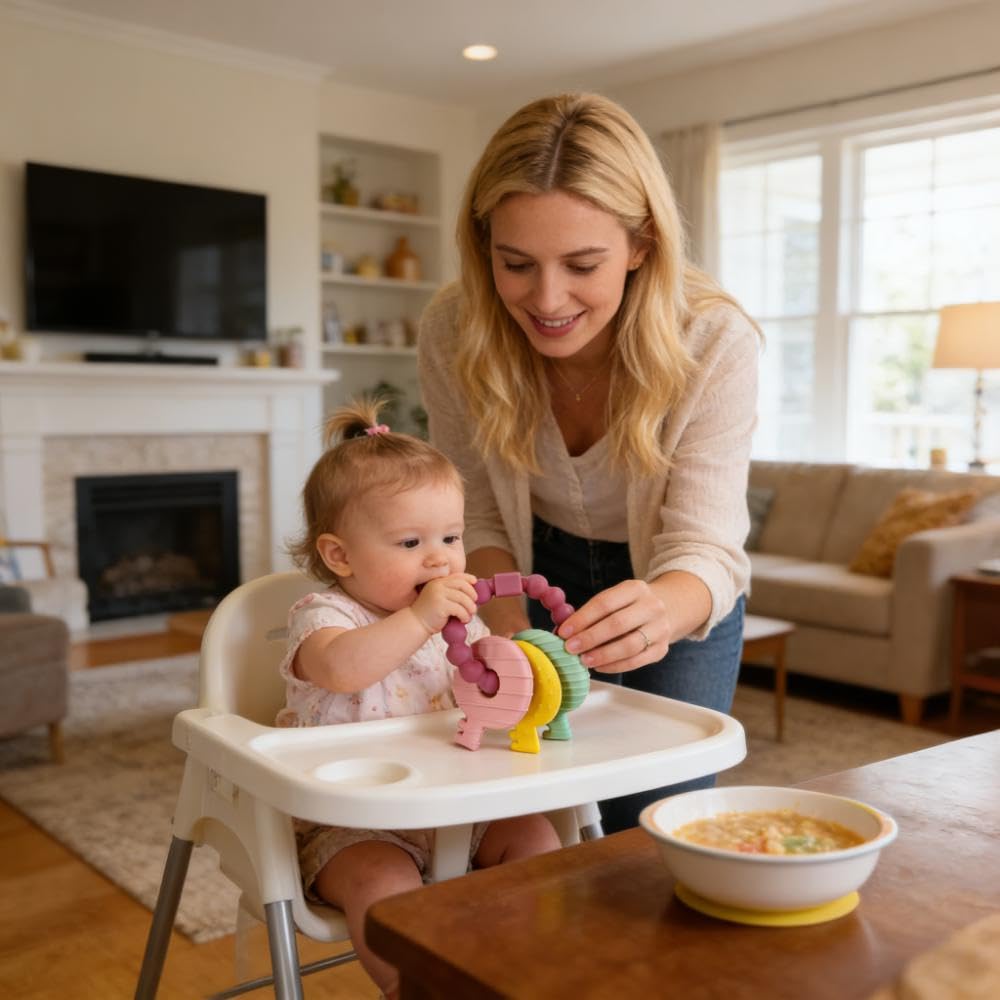 Intatikoo teething keys attach to stroller for on-the-go play