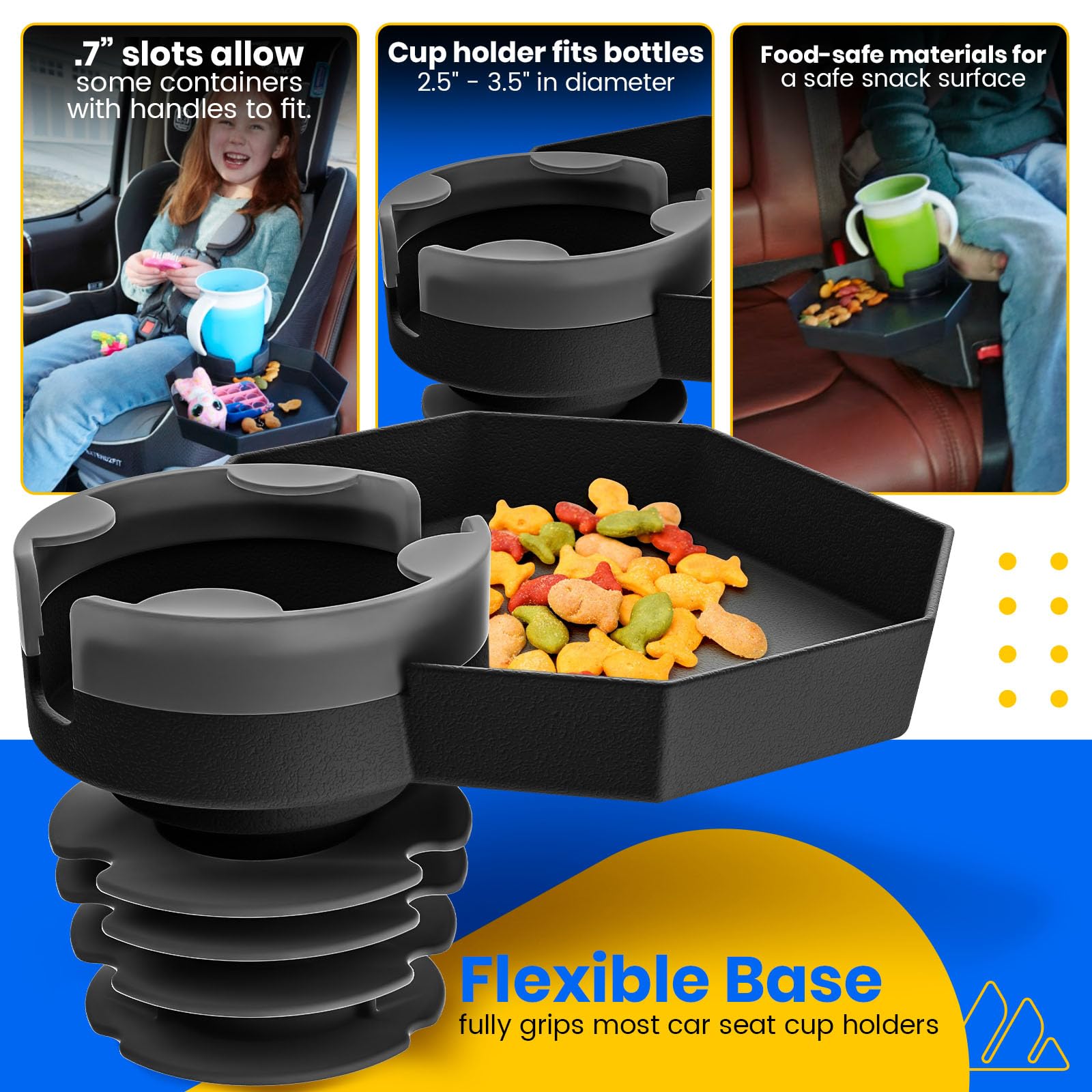 Integral Kids Travel Tray cup holder clip demonstrates stable grip during journeys.