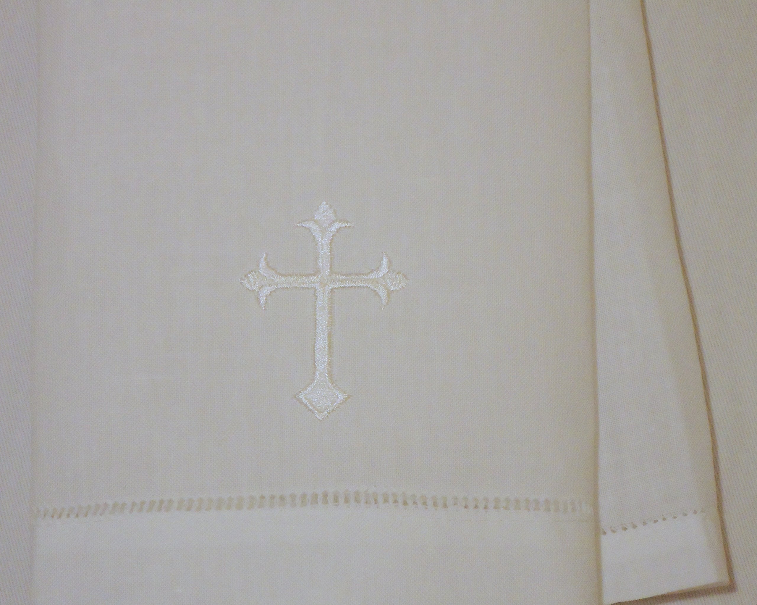 Integrity Designs baptism cloth features embroidery cross detail, enhancing reverent table décor for church events.