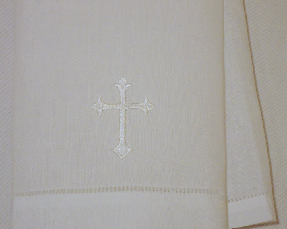 Integrity Designs baptism cloth features embroidery cross detail, enhancing reverent table décor for church events.