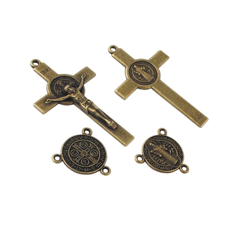 Intercession antique bronze Saint Benedict rosary crucifix and centerpiece set for devotional rosary making and repairs