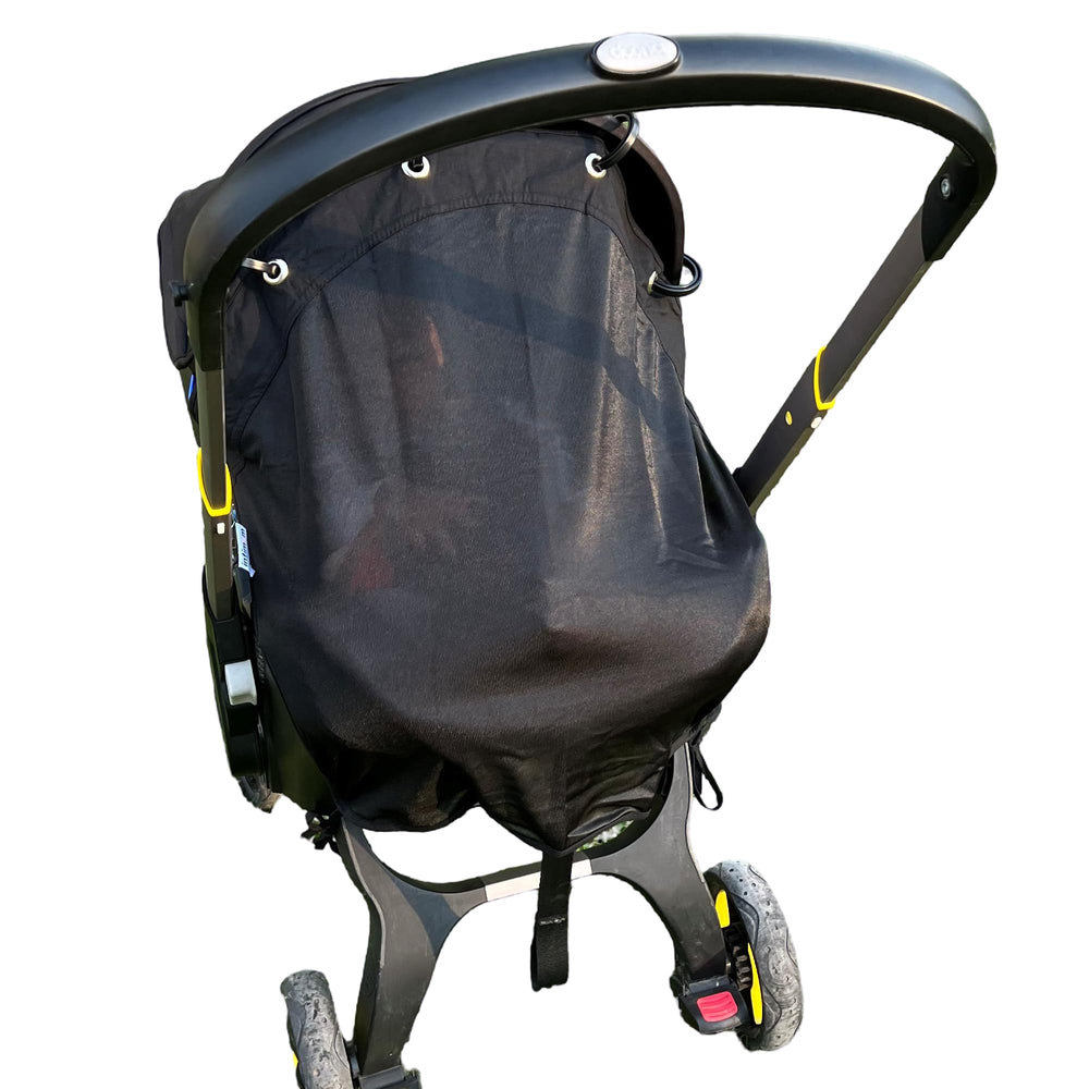 IntiMom stroller sun shade clip-on demonstrates quick universal protection on sunny days