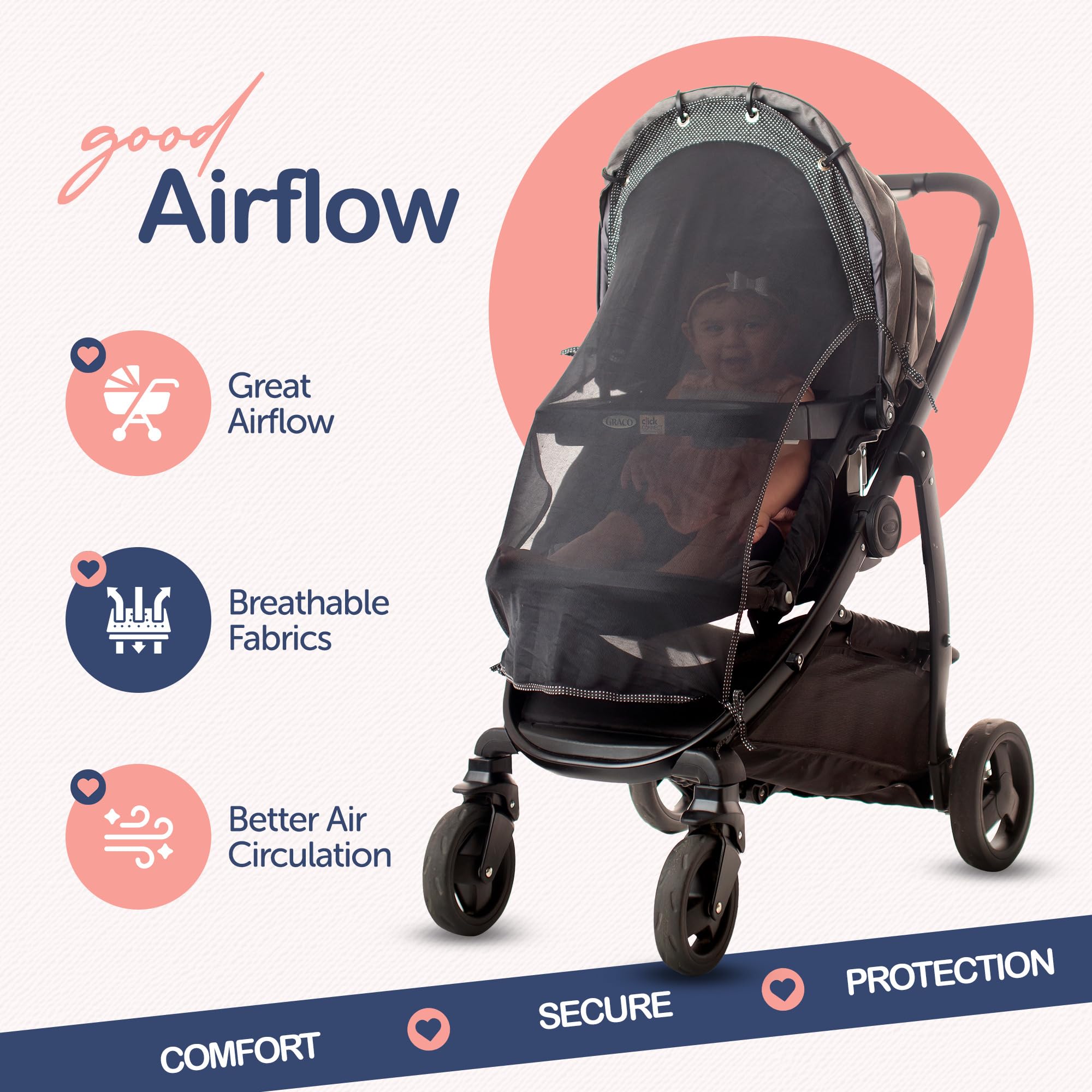 IntiMom extended-coverage sun shade provides full coverage for outdoor strolls.