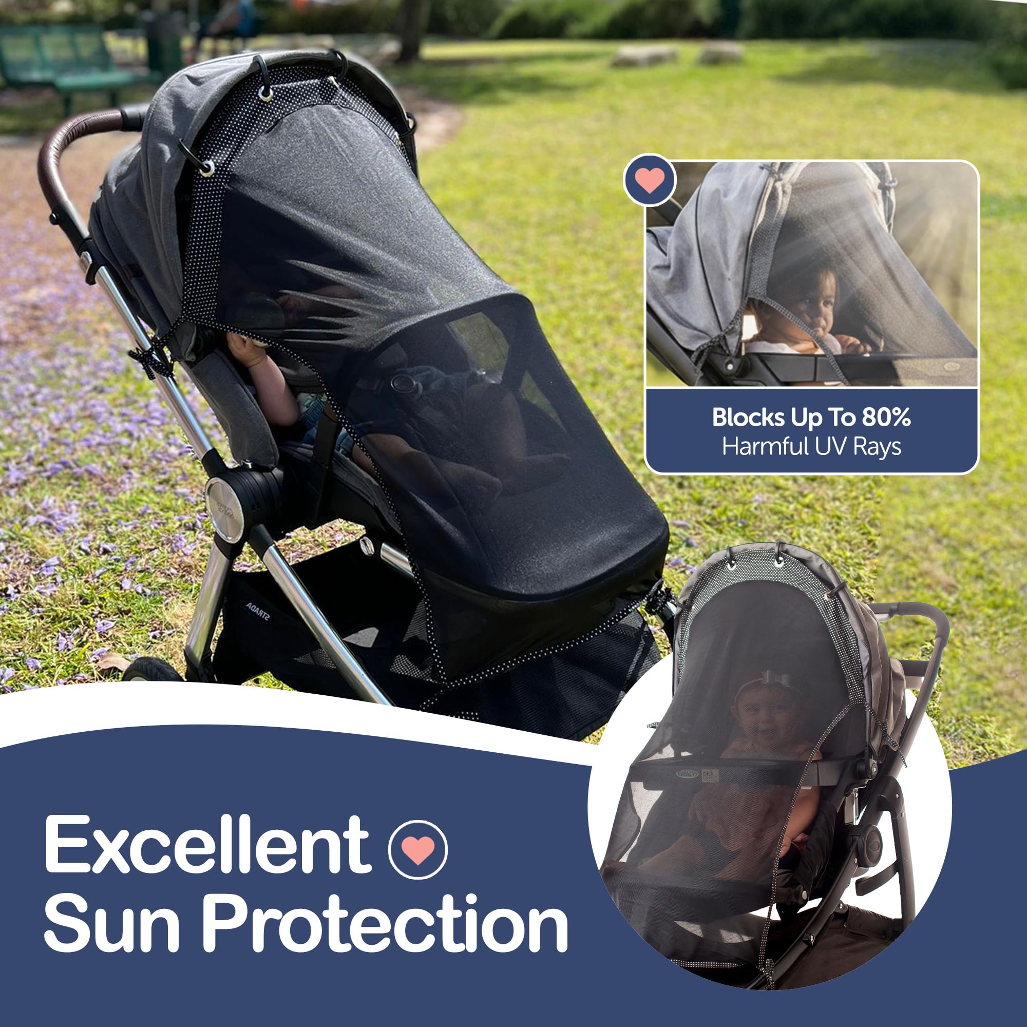 IntiMom see-through design sun shade preserves visibility while shielding baby from glare.