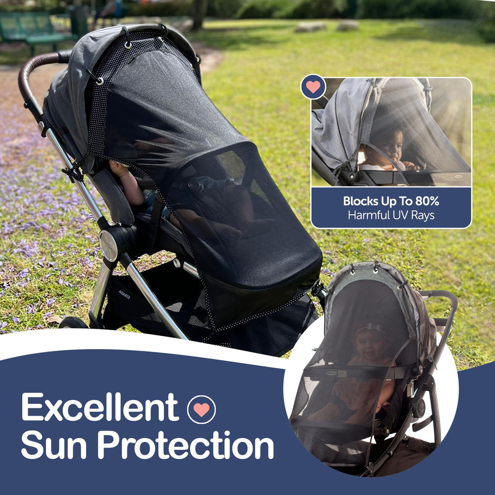 IntiMom see-through design sun shade preserves visibility while shielding baby from glare.