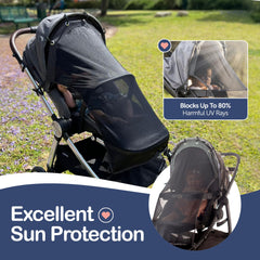 IntiMom see-through design sun shade preserves visibility while shielding baby from glare.