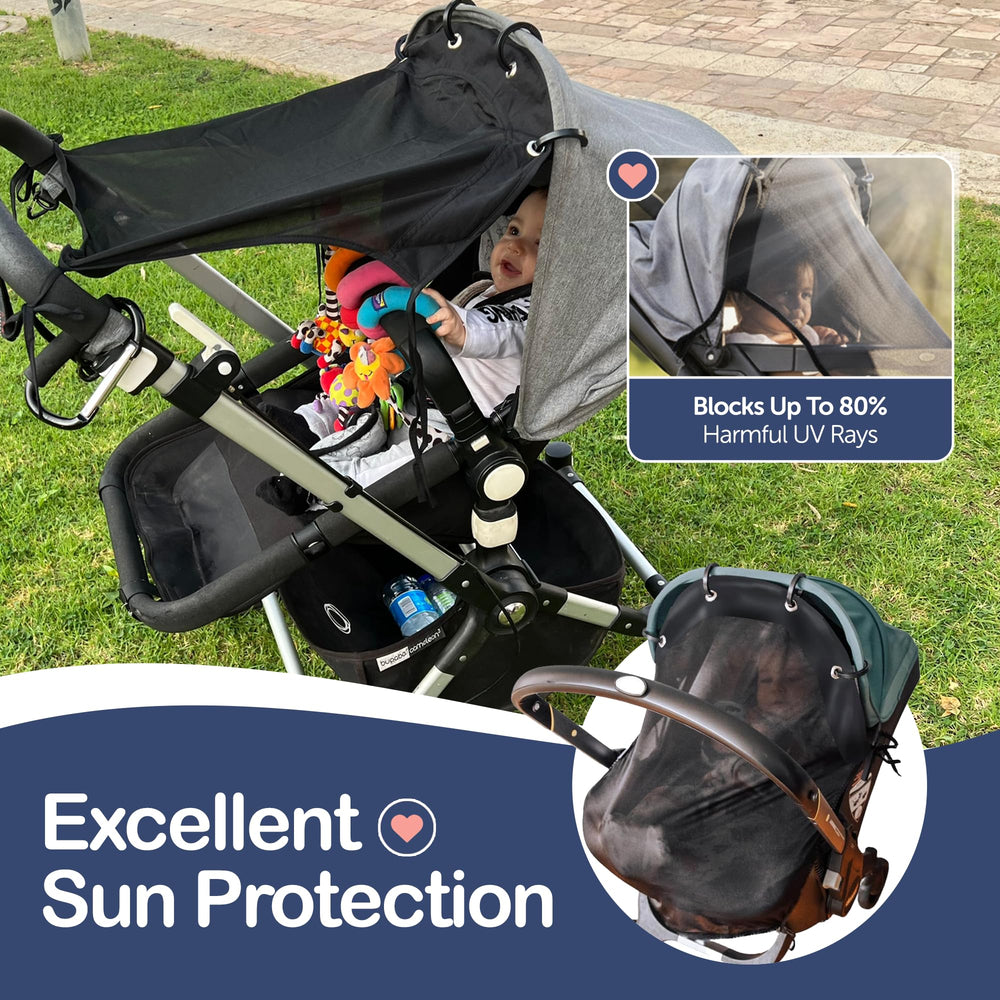 IntiMom see-through sun shade preserves visibility while shielding baby from direct sun