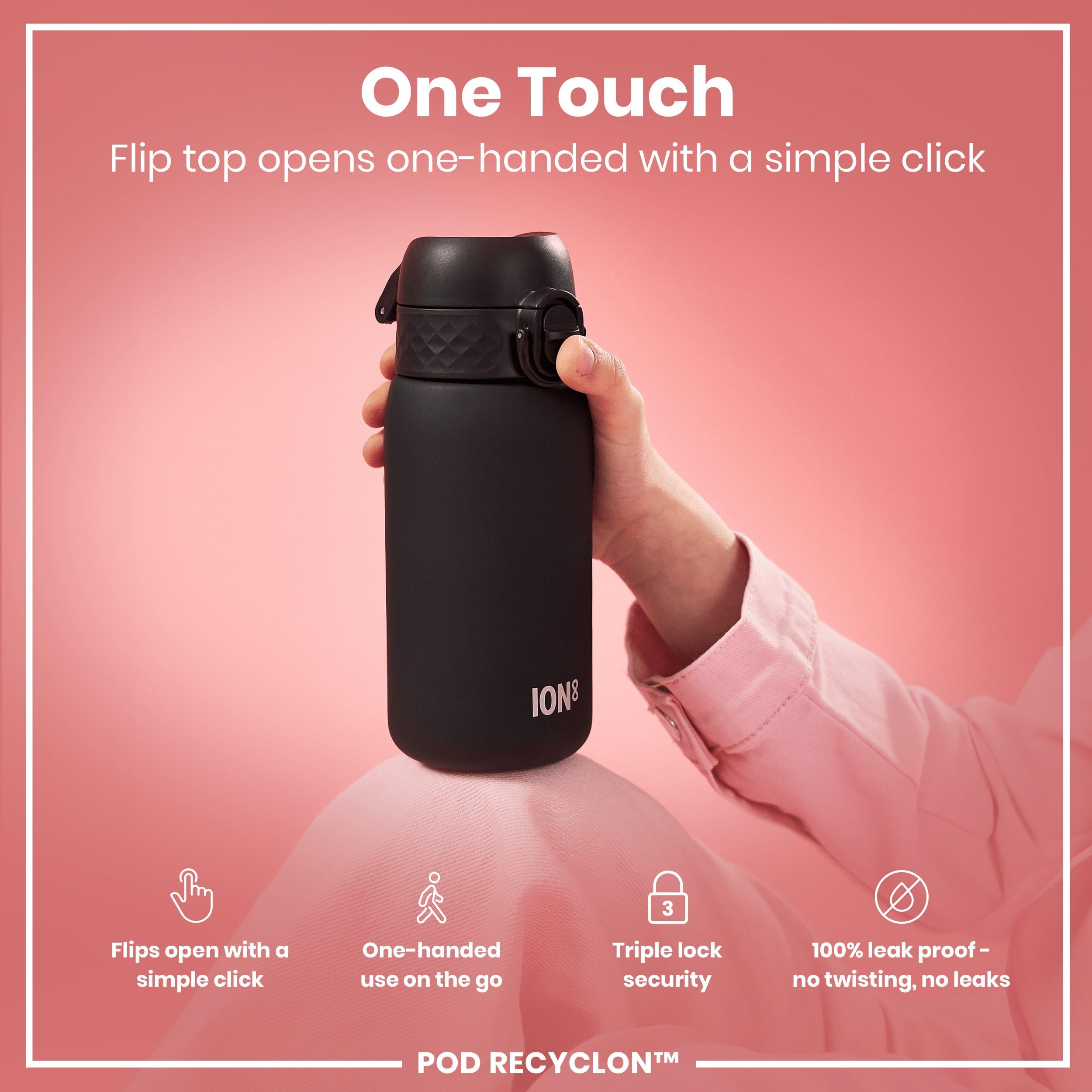 Ion8 spout-cover closure keeps mouthpiece clean during busy days.