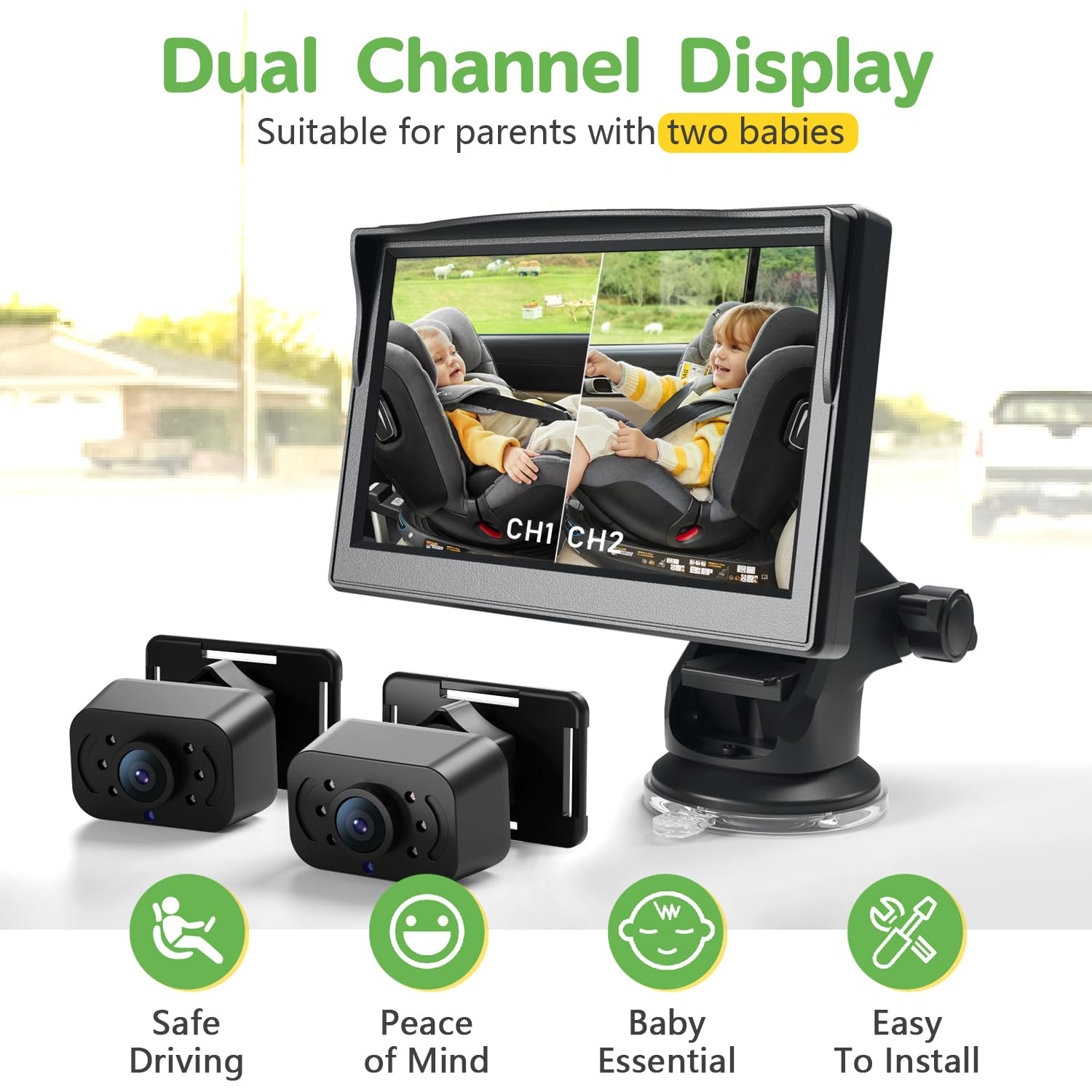 IPOZITO dual-camera setup provides backseat visibility for two children.