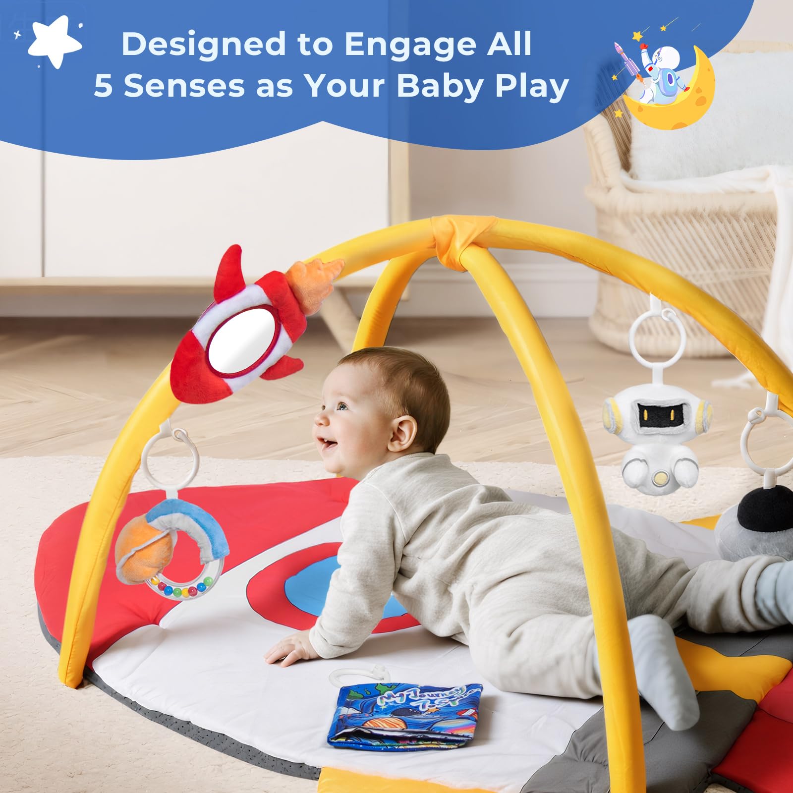 IPOZITO play gym planet-rattle focuses attention for auditory and tactile play.