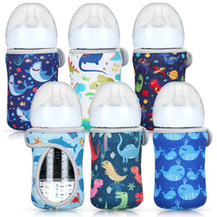 Irenare 6-piece neoprene bottle sleeve set in shark pattern adds grip and protection during feeds.