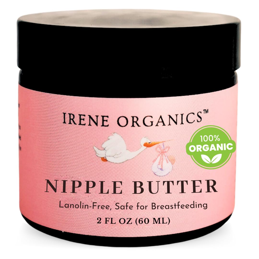 Irene Organics nipple balm in amber jar close-up showing baby-safe hydration.