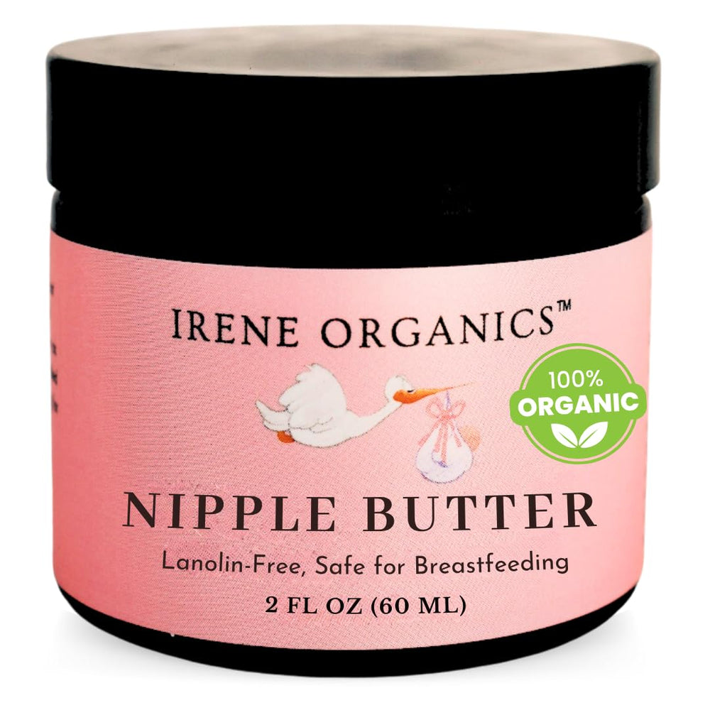 Irene Organics nipple balm in amber jar close-up showing baby-safe hydration.