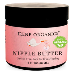Irene Organics nipple balm in amber jar close-up showing baby-safe hydration.