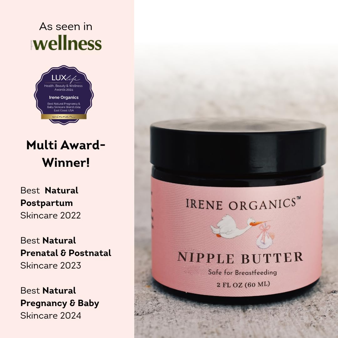 Irene Organics nipple balm being applied to skin for soothing moisture.