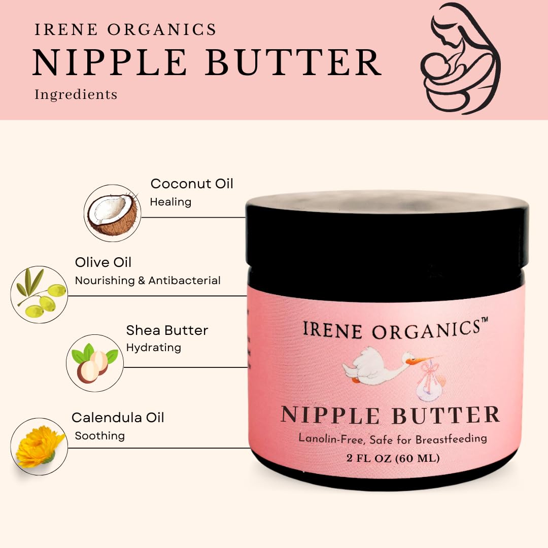 Irene Organics nipple balm glass amber jar packaging on display.