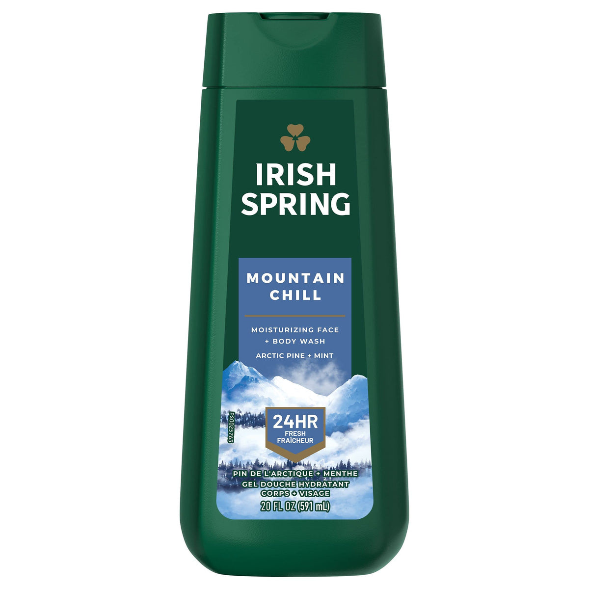 Irish Spring Mountain Chill bottle closeup for a refreshing morning ritual.
