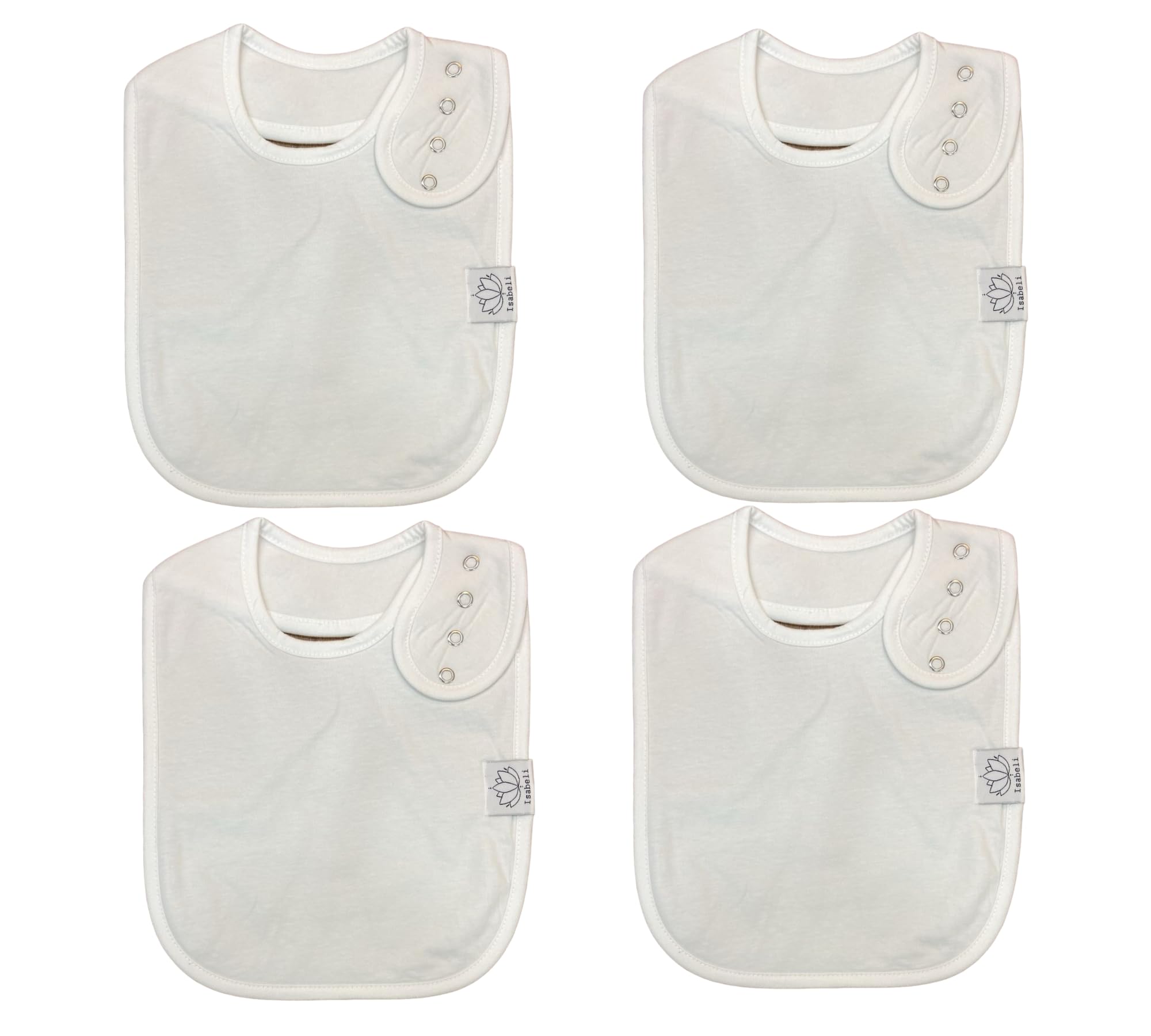 Isabeli baby bibs 4-pack white front view — gentle, absorbent protection during meals