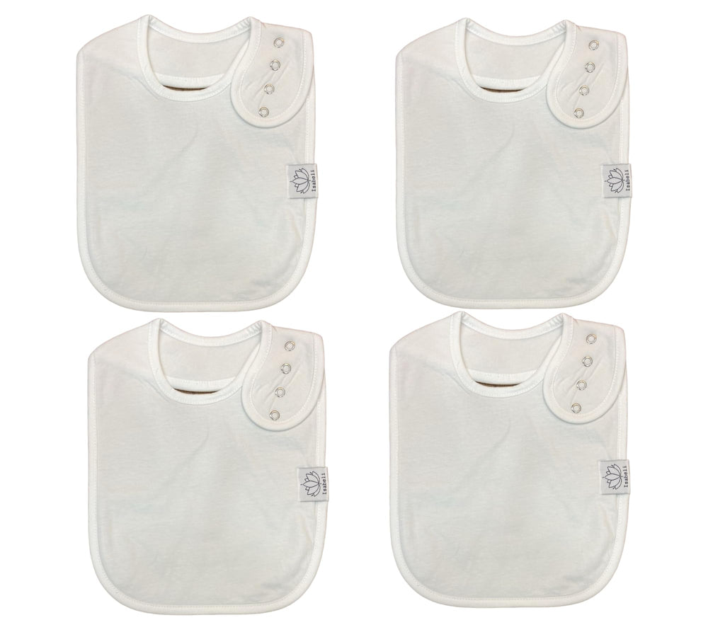 Isabeli baby bibs 4-pack white front view — gentle, absorbent protection during meals