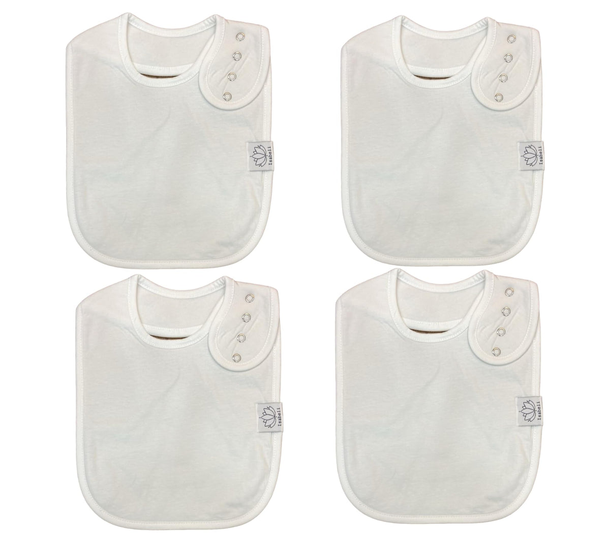 Isabeli baby bibs 4-pack white front view — gentle, absorbent protection during meals