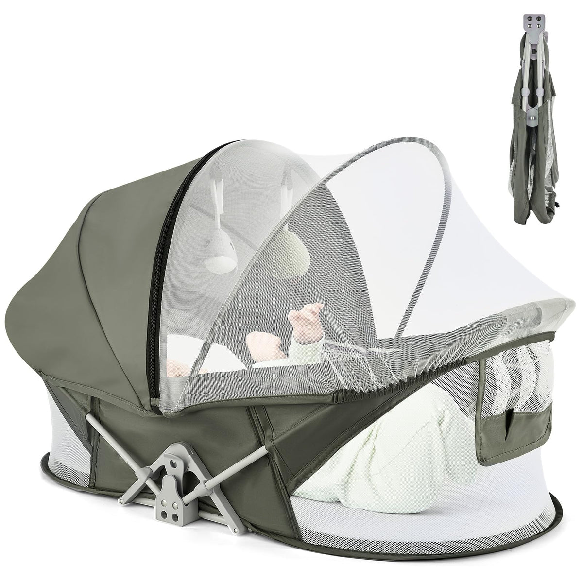 ISELECTOR Bedside Bassinet in compact folded form for travel storage