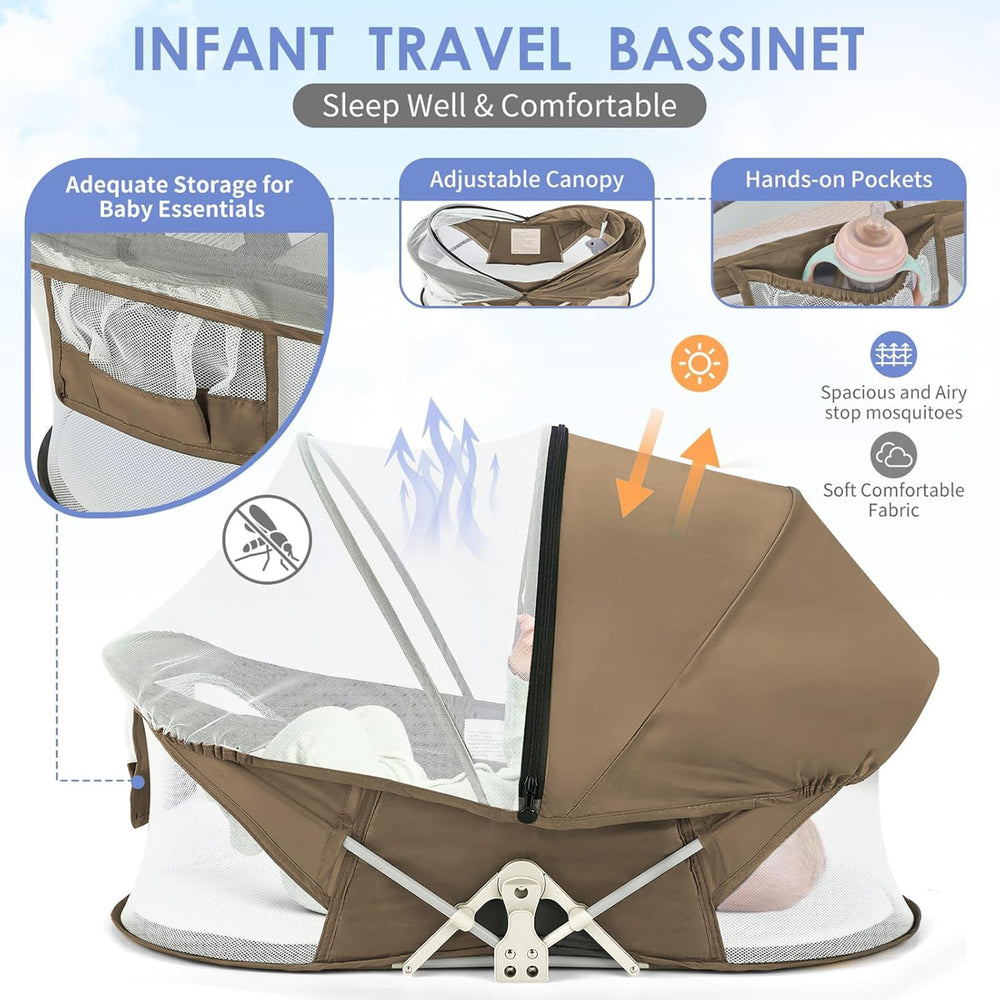 ISELECTOR portable baby bassinet outdoors scene highlights easy nap during outings
