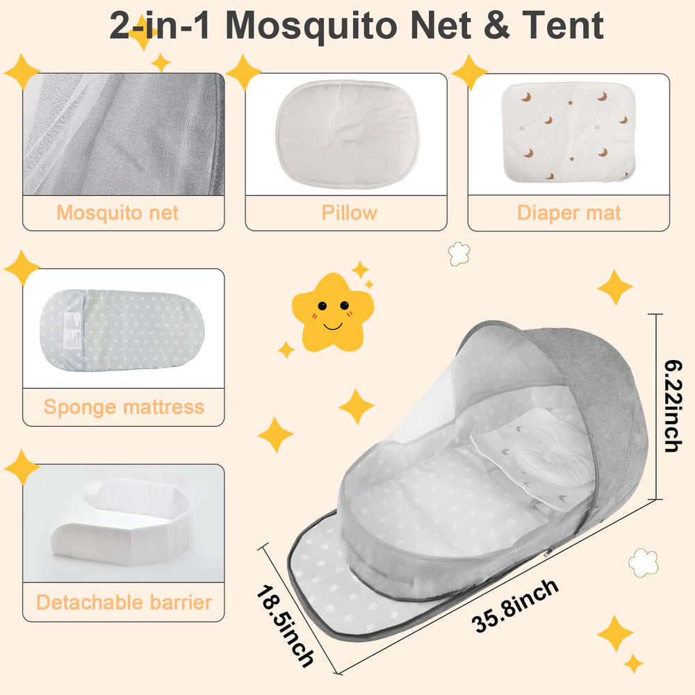 ISELECTOR portable bassinet with 2-in-1 canopy provides sun and insect protection.