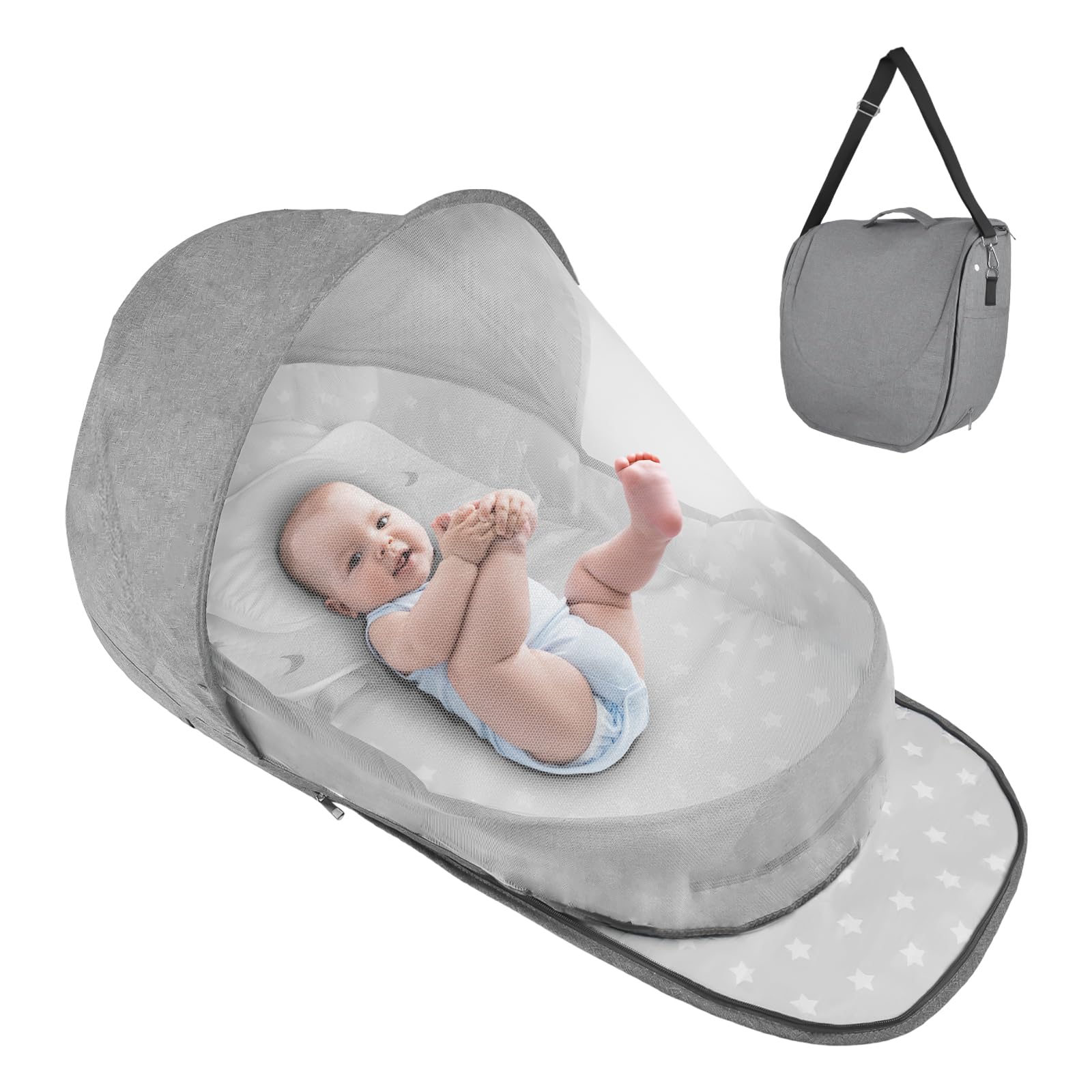 ISELECTOR portable bassinet folded into backpack form for travel convenience.