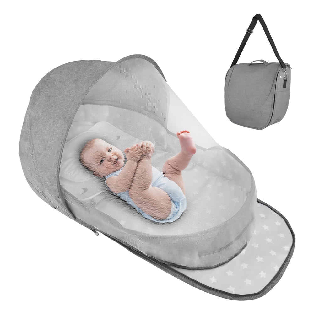 ISELECTOR portable bassinet folded into backpack form for travel convenience.