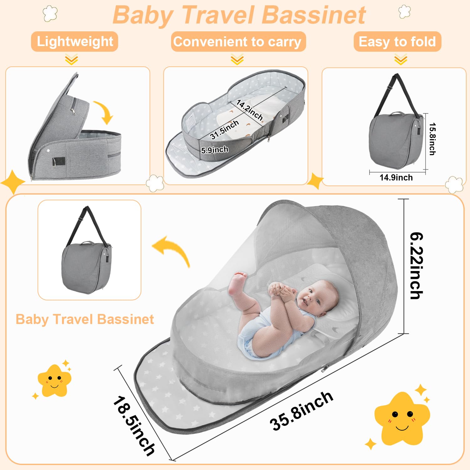 ISELECTOR portable bassinet shows water-resistant fabric for outdoor naps.