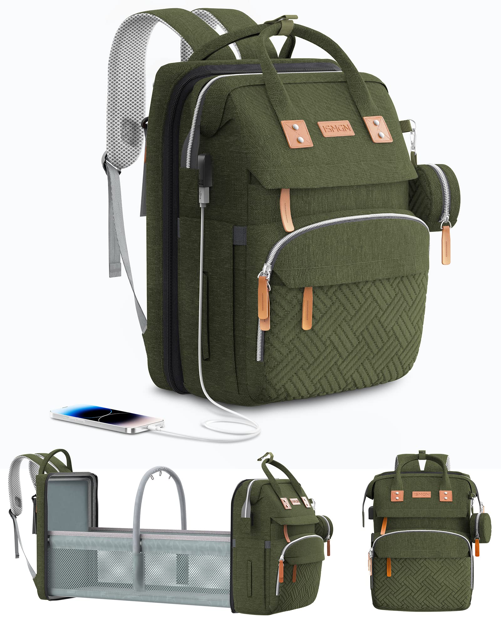 ISMGN diaper bag backpack front view with durable water-resistant exterior for travel-ready use.