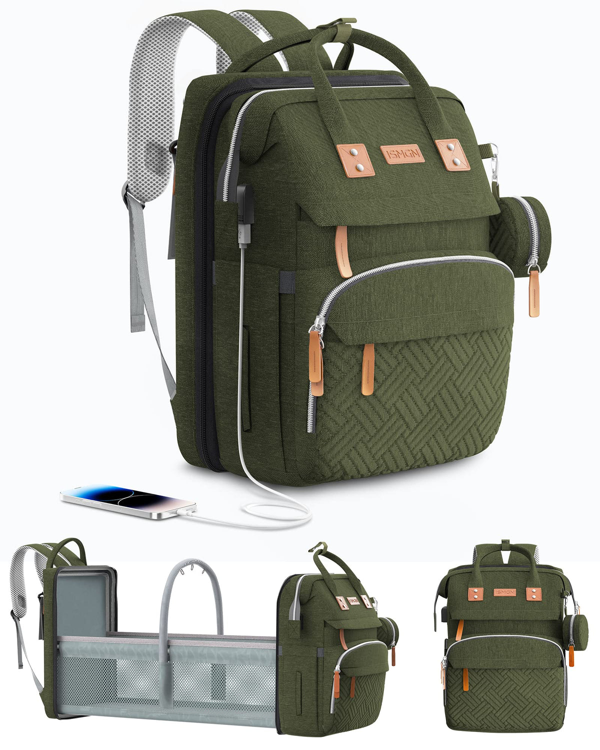 ISMGN diaper bag backpack front view with durable water-resistant exterior for travel-ready use.