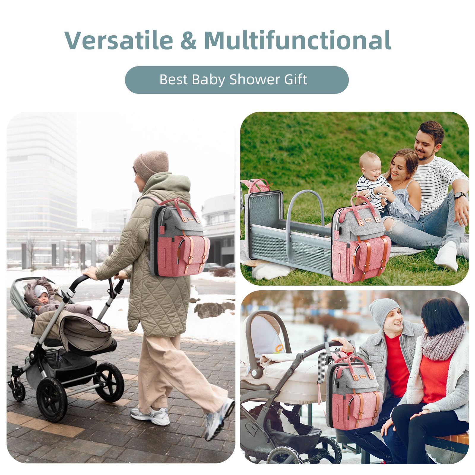 ISMGN diaper bag backpack pinkgray unisex design suits parents and travelers