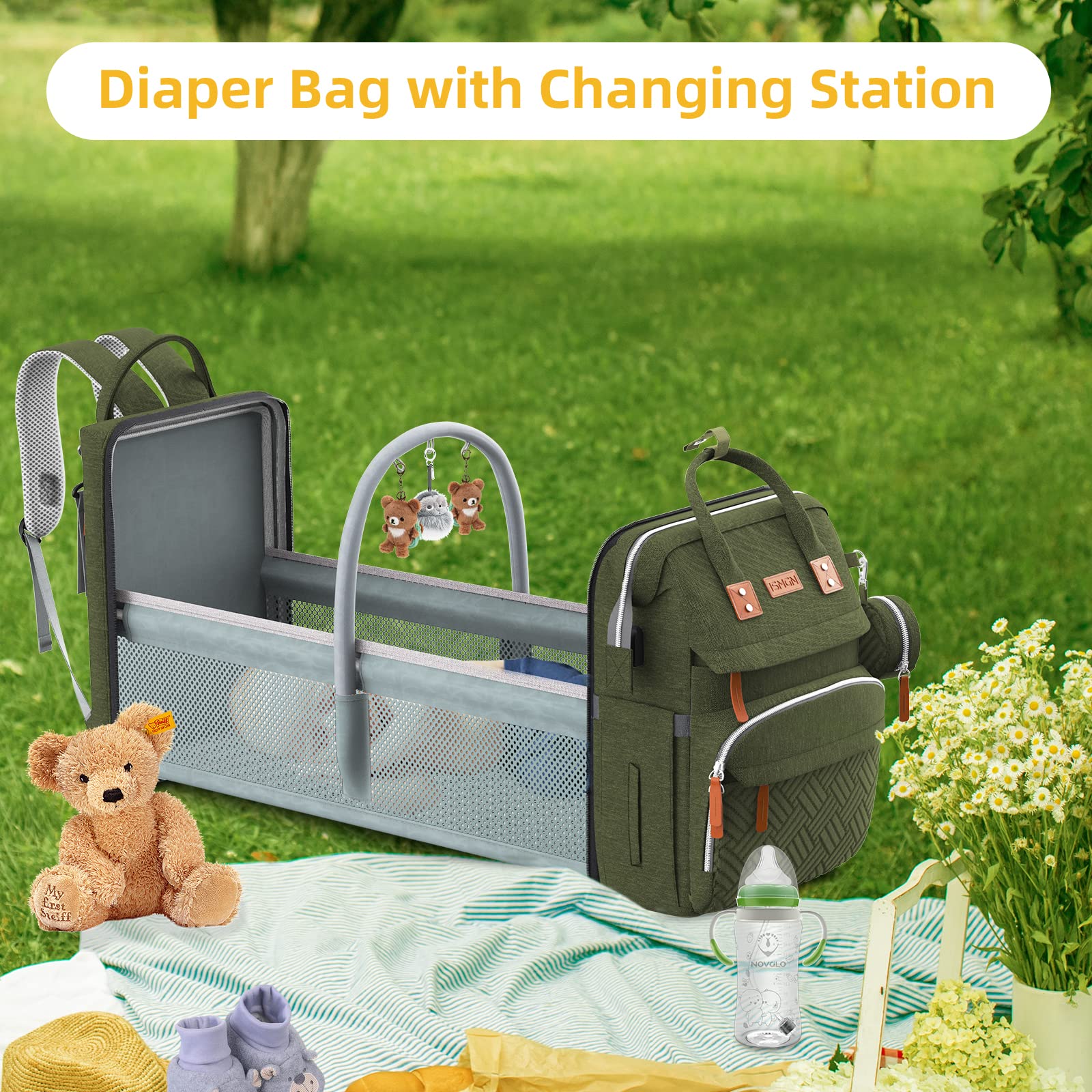 ISMGN diaper bag backpack stroller straps for convenient hanging on a stroller.