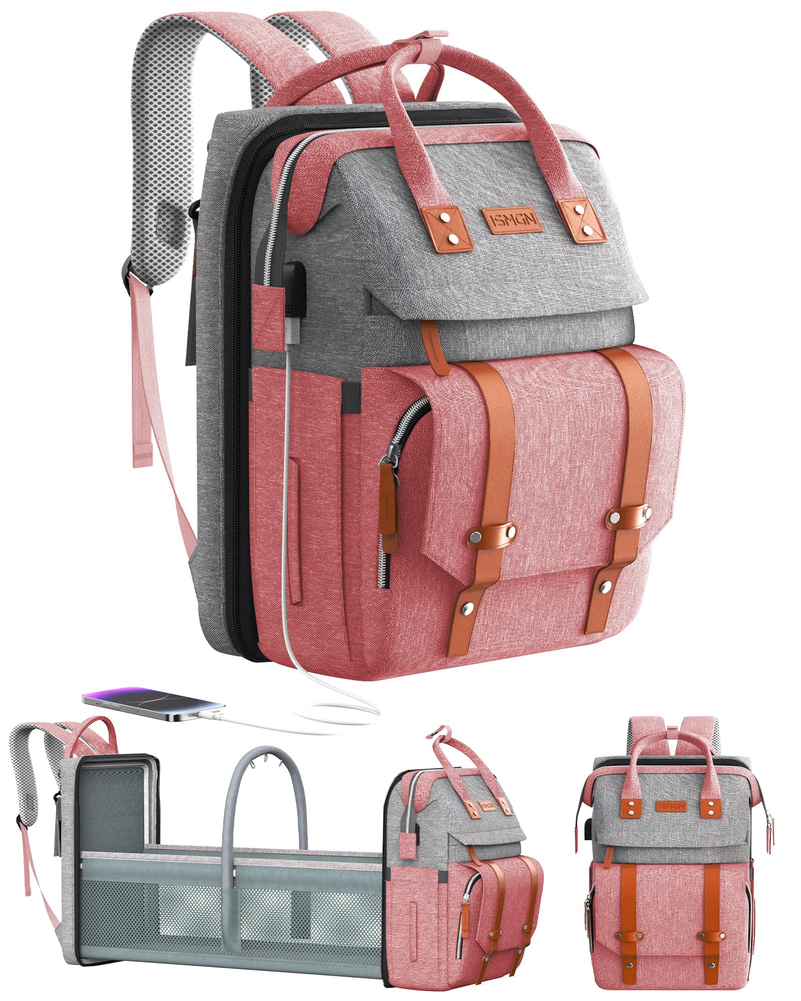 ISMGN diaper bag backpack with stroller straps enables hands-free travel and stroller attachment