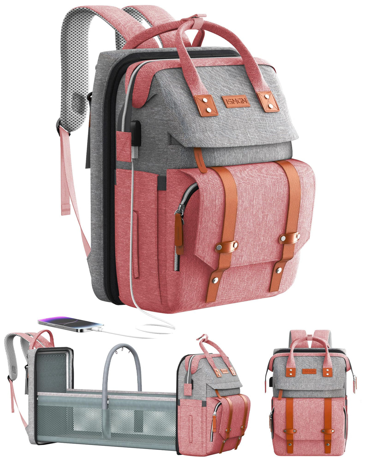 ISMGN diaper bag backpack with stroller straps enables hands-free travel and stroller attachment