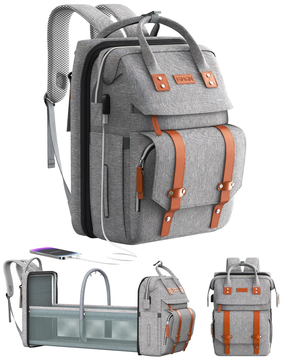 ISMGN Diaper Bag Backpack with stroller straps enables hands-free outings.