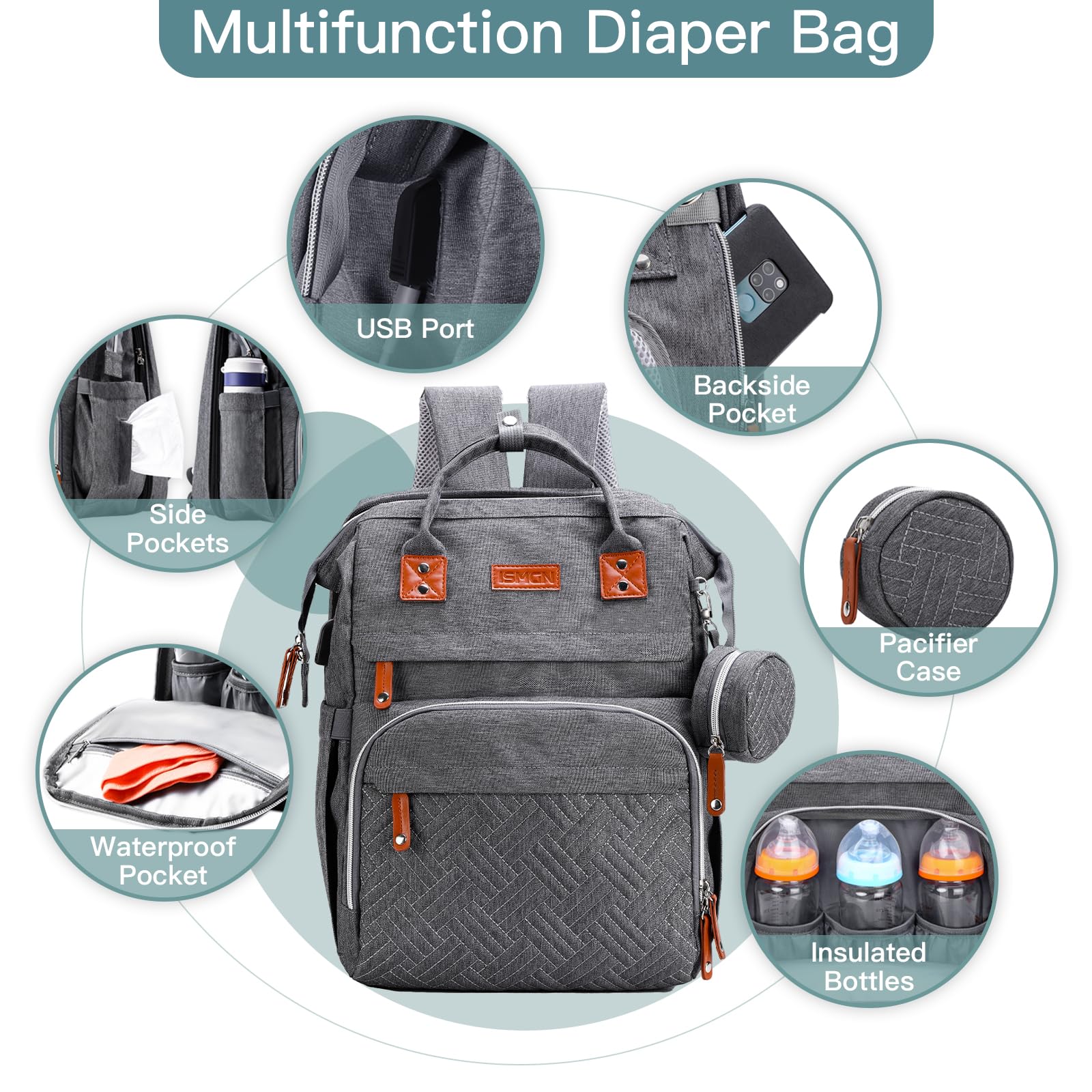 ISMGN diaper bag with waterproof Oxford fabric keeps contents dry