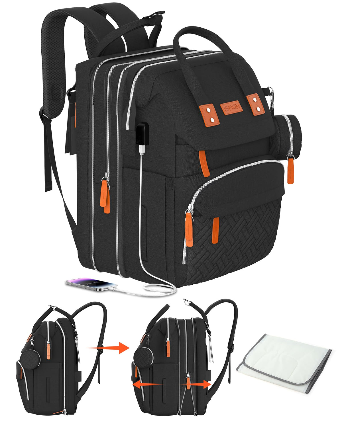 ISMGN extra-large diaper bag backpack front view showing ample storage for outings