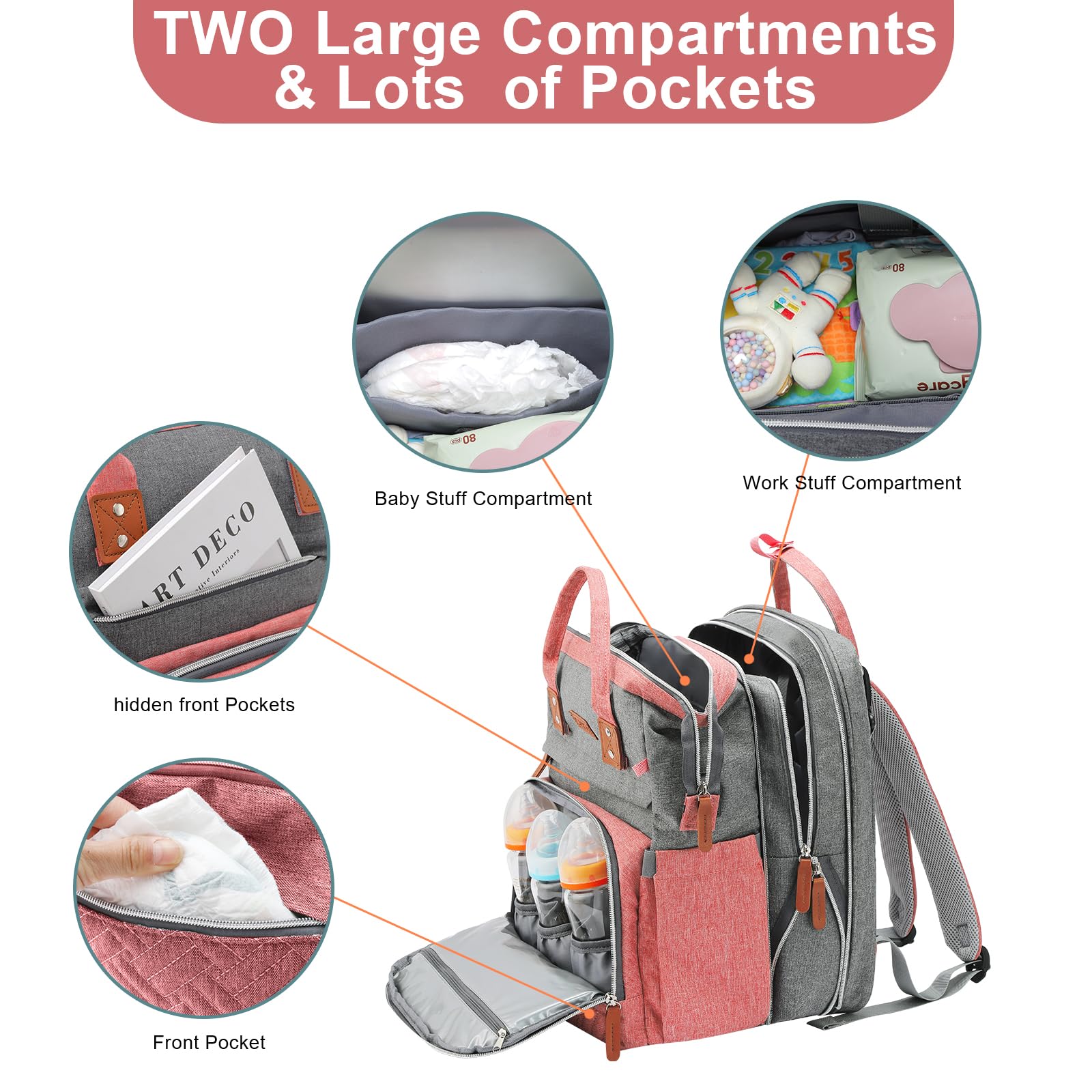 ISMGN Extra Large Diaper Bag Backpack PinkGrey, insulated bottle pockets for temperature control