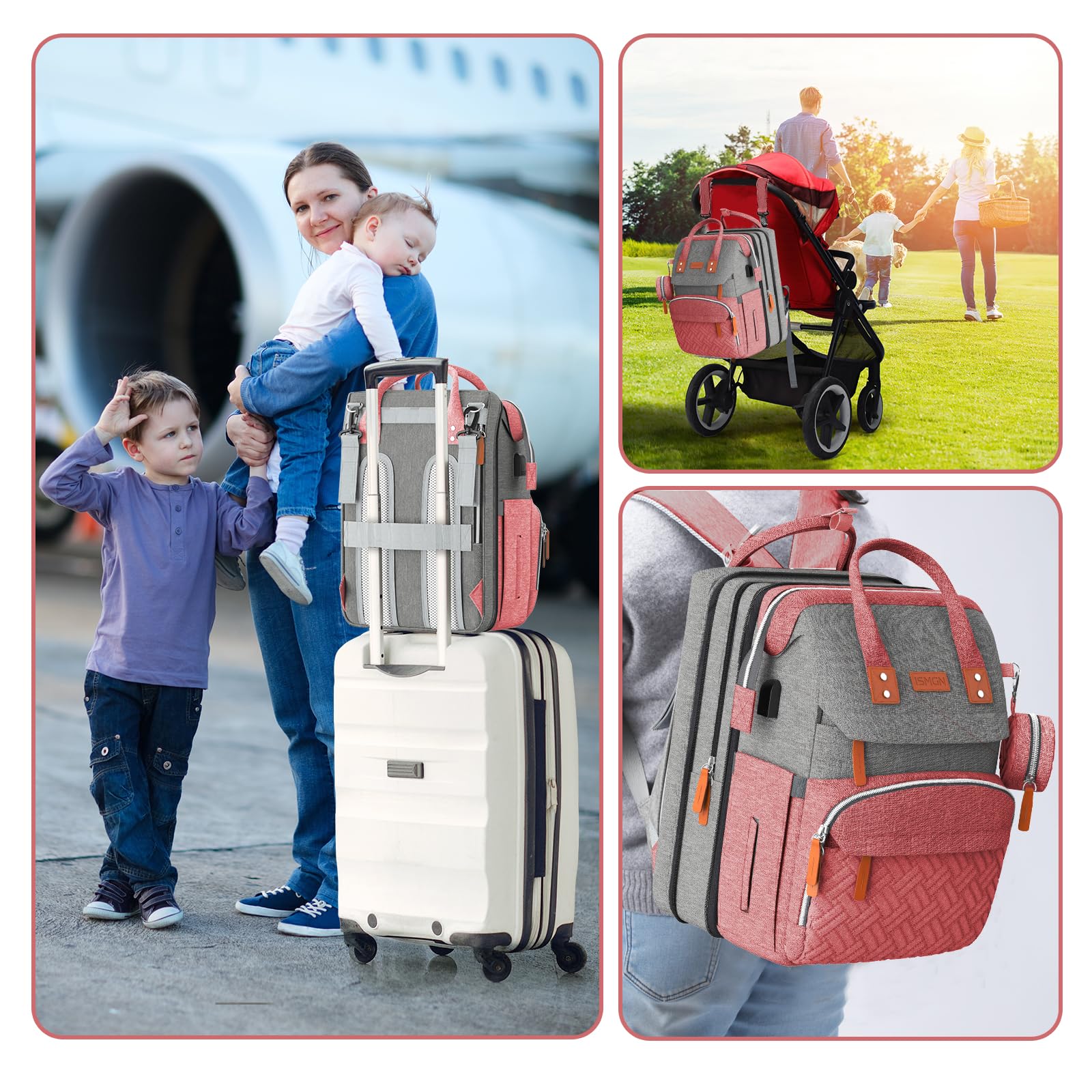 ISMGN Extra Large Diaper Bag Backpack PinkGrey, versatile three-mode design for carry options