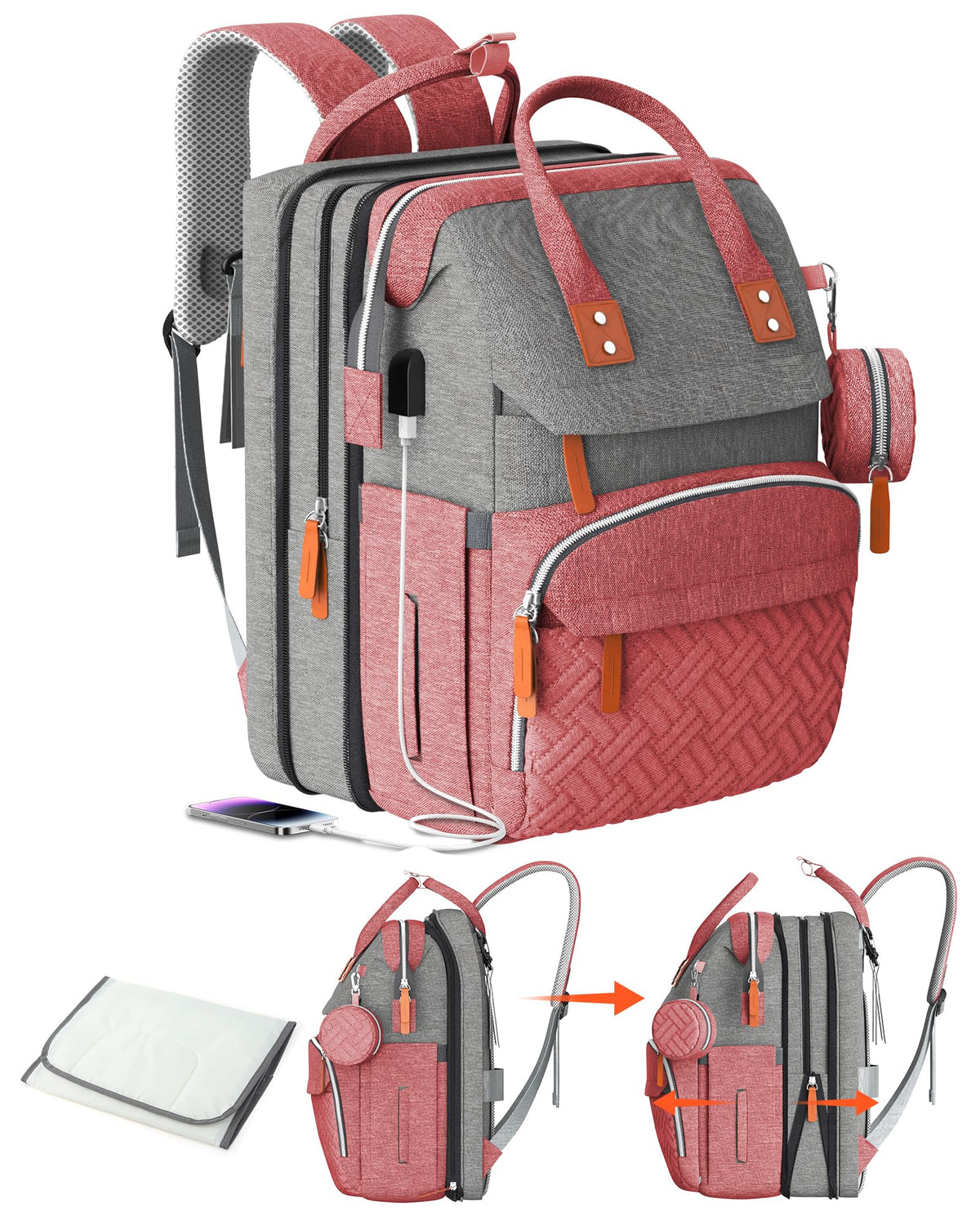 ISMGN Extra Large Diaper Bag Backpack PinkGrey, open main compartment for quick access