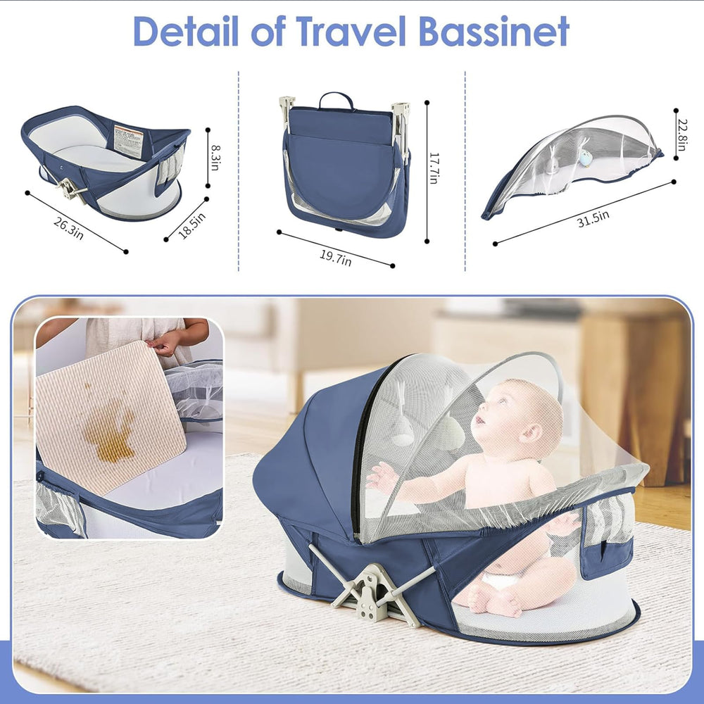 ISELECTOR portable bassinet in use with baby resting comfortably outdoors.