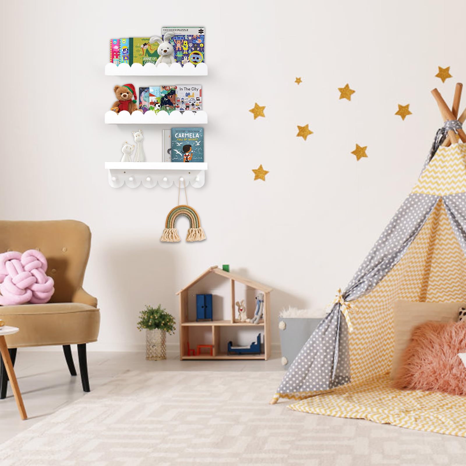Iswabard scalloped white 16in shelves with hooks keep toys within easy reach.