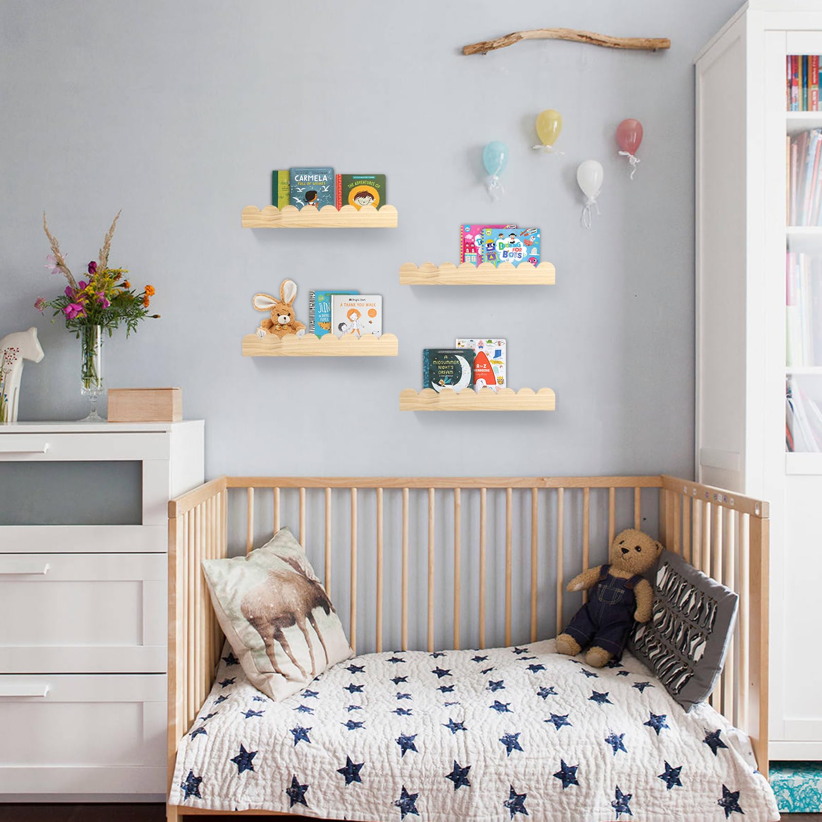 Closeup of Iswabard scalloped edge on floating shelf highlighting natural pine finish and child-friendly design